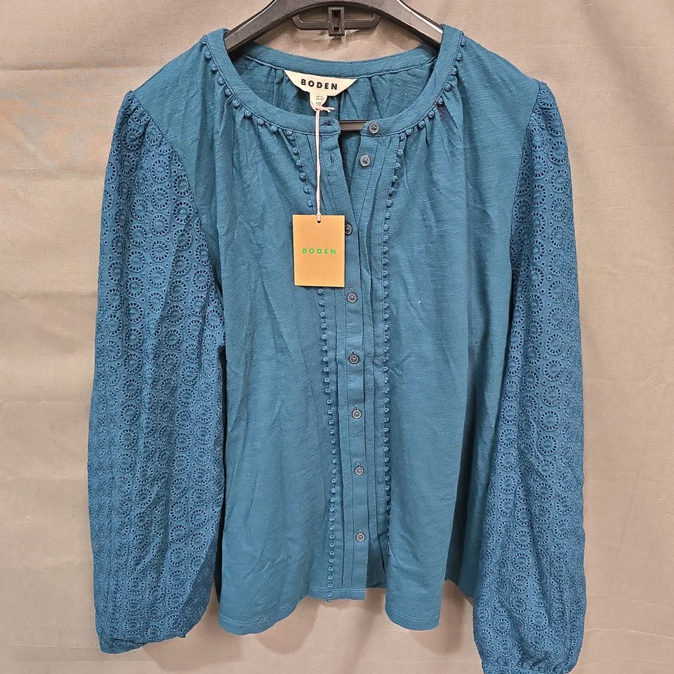 BODEN TEAL BLOUSE WITH EYELET SLEEVES, WOMEN'S UK 16