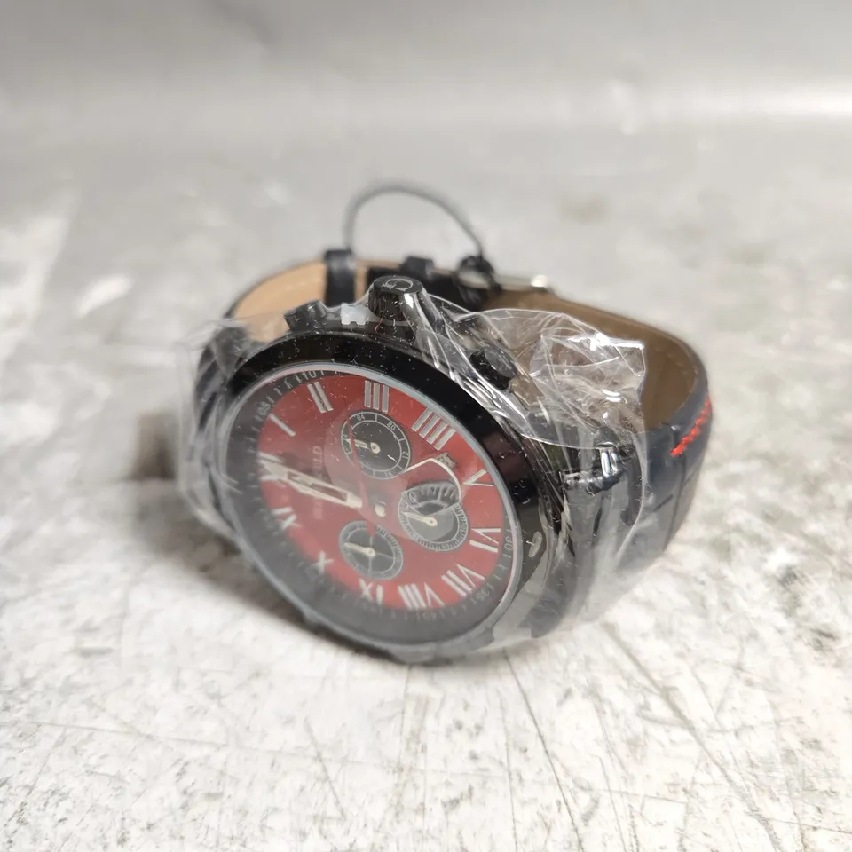 BOXED GLOBENFELD ROMAN CHRONOGRAPH WATCH WITH RED DIAL 