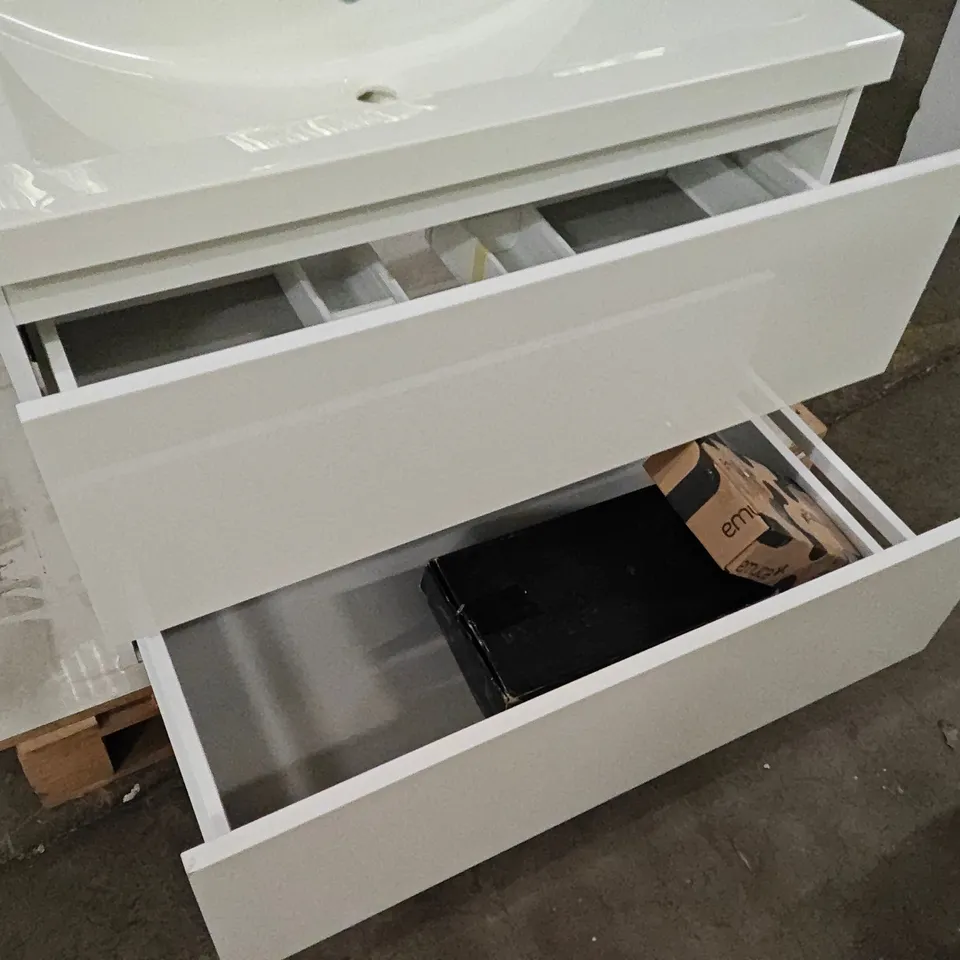 FREESTANDING GLOSS WHITE 2-DRAWER VANITY UNIT WITH TAP, BASIN AND MIRROR