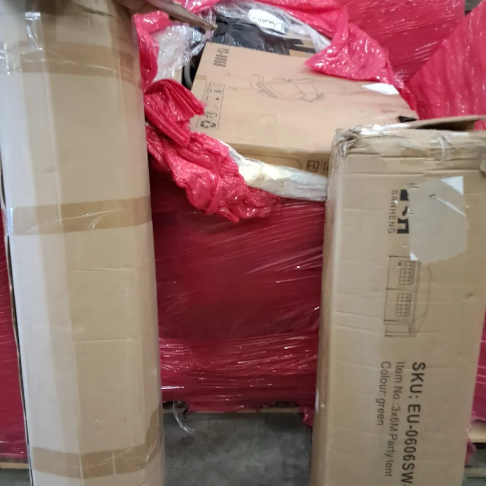 PALLET OF ASSORTED HOUSEHOLD ITEMS TO INCLUDE 3X6M PARTY TENT, BOXED OFFICE CHAIR AND ROLLED MATTRESS TOPPER