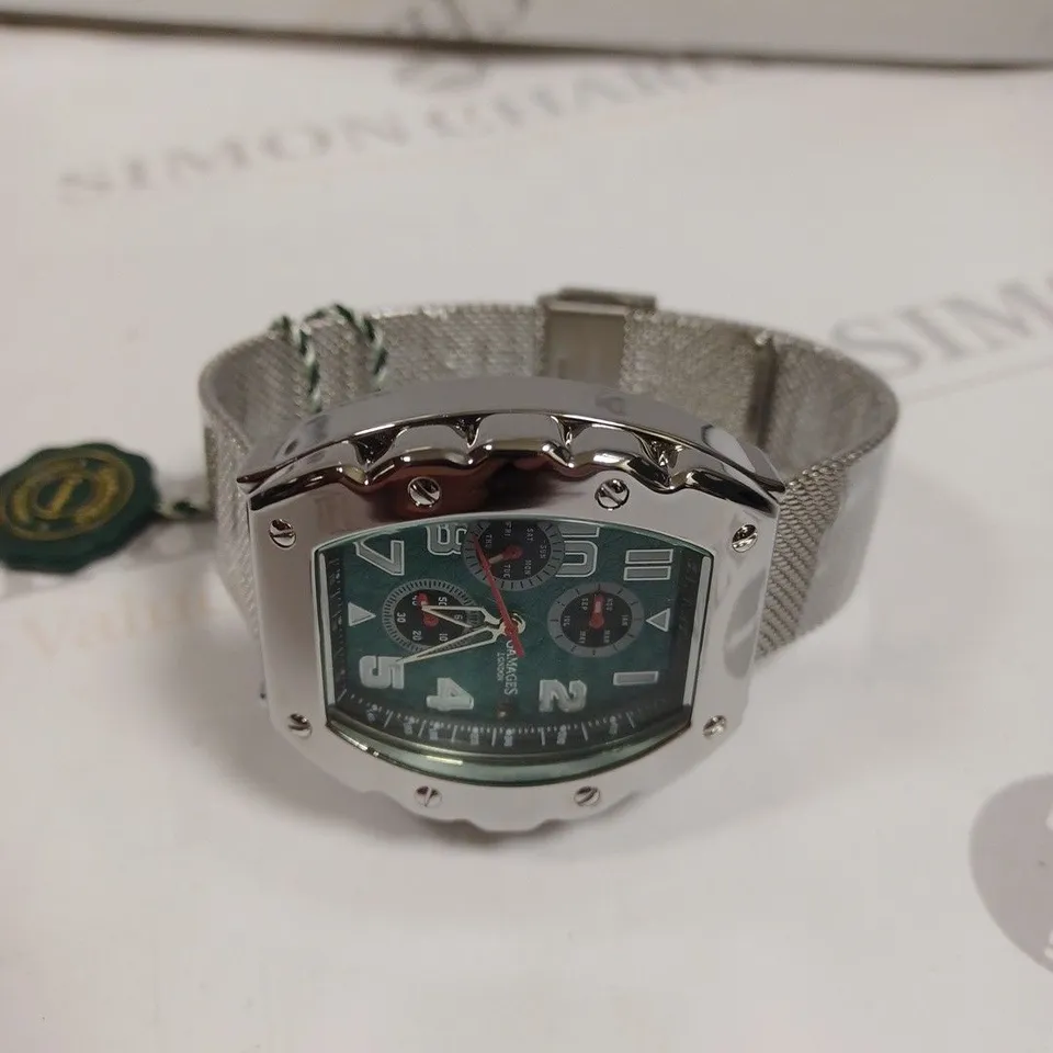 GAMAGES DIMENSIONAL STEEL MESH BAND GREEN DIAL WATCH 