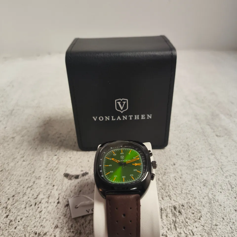 VONLANTHEN WRISTWATCH – GREEN DIAL, BROWN LEATHER STRAP, BOXED