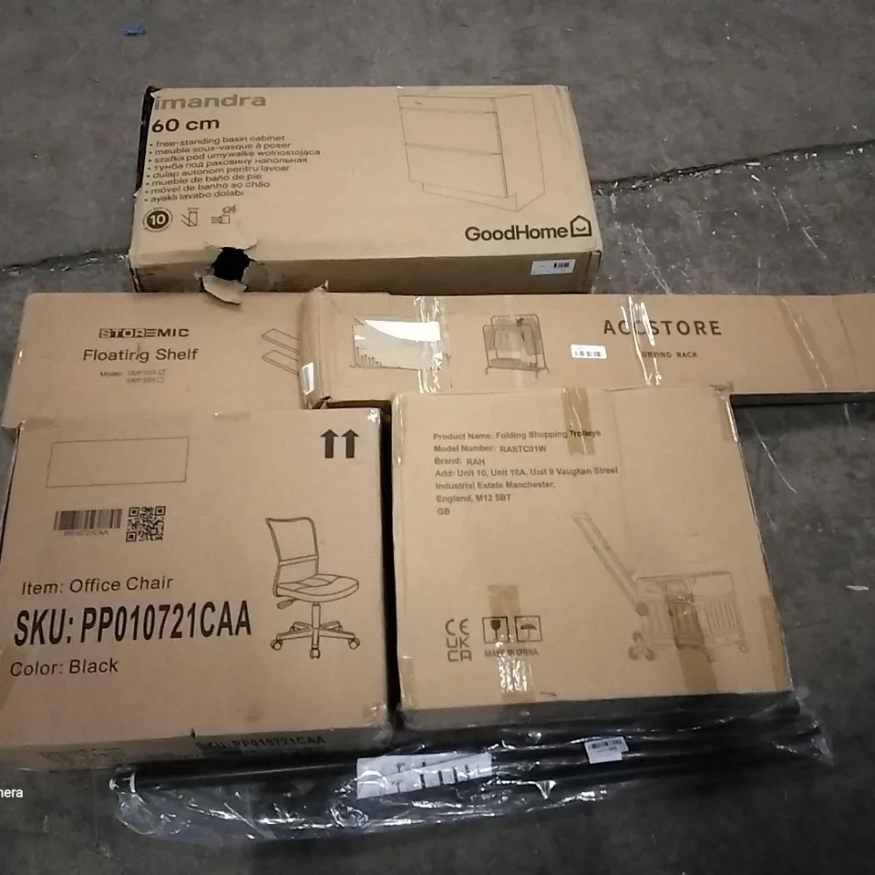 PALLET OF ASSORTED ITEMS INCLUDING STOREMIC FLOATING SHELF, BLACK OFFICE CHAIR, ACCSTORE DRYING RACK, FOLDING SHOPPING TROLLEYS, HOMIDEC DRYING RACK, BLACK CURTAIN ROD