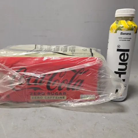 APPROXIMATELY 14 ASSORTED FOOD & DRINK ITEMS TO INCLUDE - COCA COLA ZERO SUGAR & CAFFINE & HUEL BANANA 