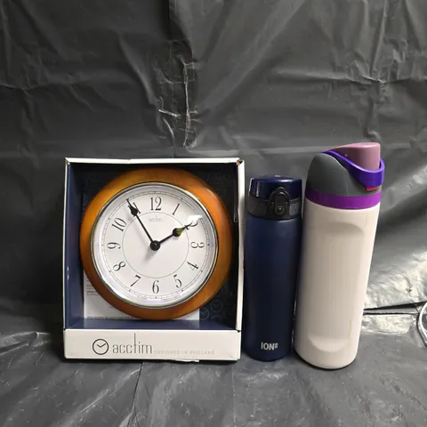 BOX OF APPROXIMATELY 10 ASSORTED HOUSEHOLD GOODS TO INCLUDE WATER BOTTLES , ALARM CLOCKS , WALL CLOCK , ETC 