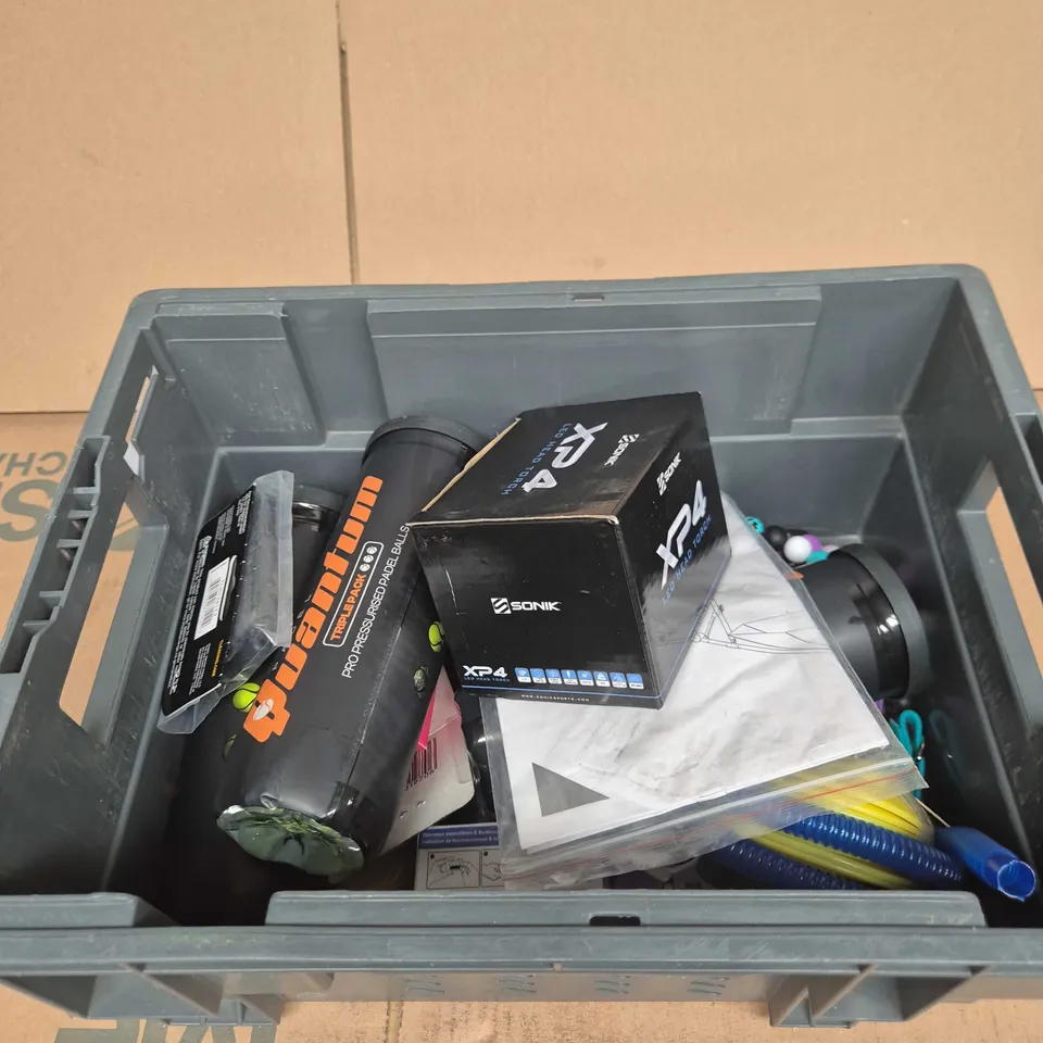 TOTE OF APPROXIMATELY 10 ASSORTED ITEMS INCLUDING SONIK XP4 LED HEAD TORCH, PADAL QUANTUM BALLS AND SPACEGOODS 8G METAL SPOONS