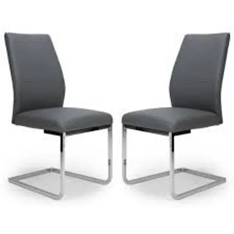 BRAND NEW BOXED SET OF 2 PRESTINA GREY FAUX LEATHER DINING CHAIRS WITH CHROME LEGS (1 BOX)