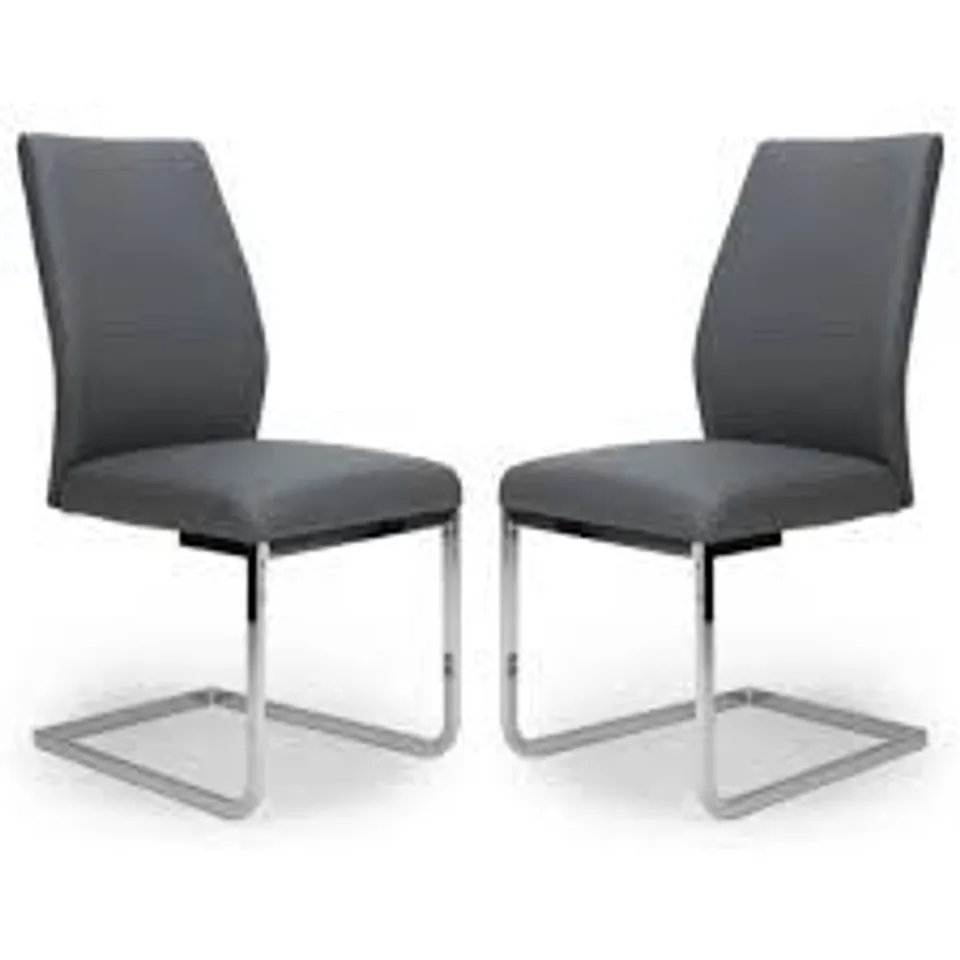 BRAND NEW BOXED SET OF 2 PRESTINA GREY FAUX LEATHER DINING CHAIRS WITH CHROME LEGS (1 BOX)