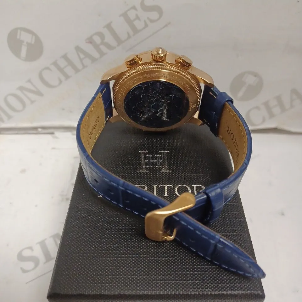 BOXED HERITOR WATCH - AUTOMATIC - STAINLESS STEEL FACE, LEATHER STRAP - WATER RESISTANT 5 ATM - HIDDEN SKELETON BACK. 