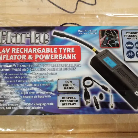 BOXED CLARKE RI150LI 7.4V RECHARGEABLE TYRE INFLATOR & POWERBANK