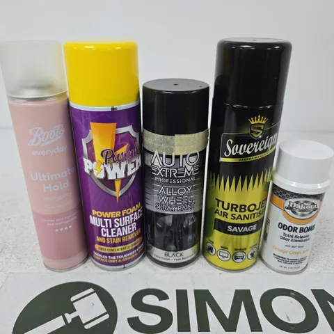 APPROXIMATELY 15 ASSORTED AEROSOLS TO INCLUDE HAIRSPRAY , MULTI SURFACE CLEANER AND TURBOJET AIR SANITISER