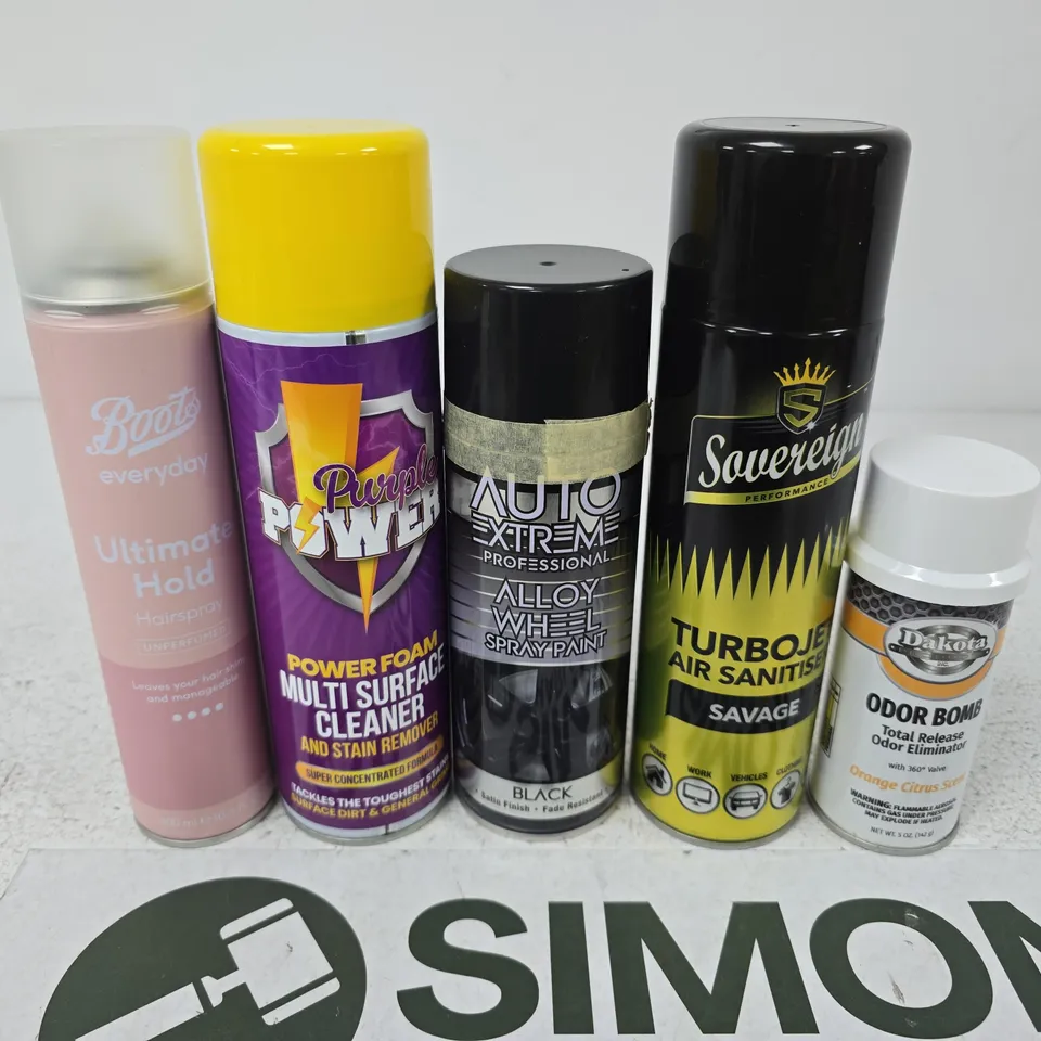 APPROXIMATELY 15 ASSORTED AEROSOLS TO INCLUDE HAIRSPRAY , MULTI SURFACE CLEANER AND TURBOJET AIR SANITISER