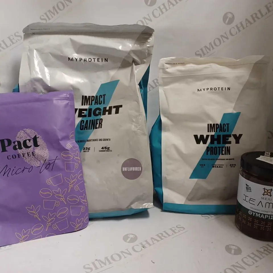 LOT OF 4 ITEMS TO INCLUDE MYPROTEIN IMPACT WEIGHT GAINER POWDER (UNFLAVOURED - 2.5KG), MYPROTEIN IMPACT WHEY PROTEIN (VANILLA - 1KG), PACT COFFEE MEDIUM ROAST (250G), HELMOS ORGANIC THYME HONEY (800G)