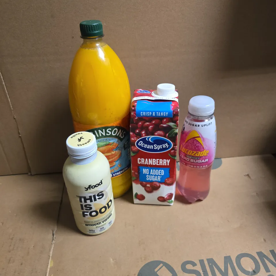 APPROXIMATELY 10 ASSORTED FOOD & DRINK ITEMS TO INCLUDE LUCOZADE ZERO SUGAR, YFOOD SMOOTH VANILLA, OCEAN SPRAY CRANBERRY, ETC - COLLECTION ONLY