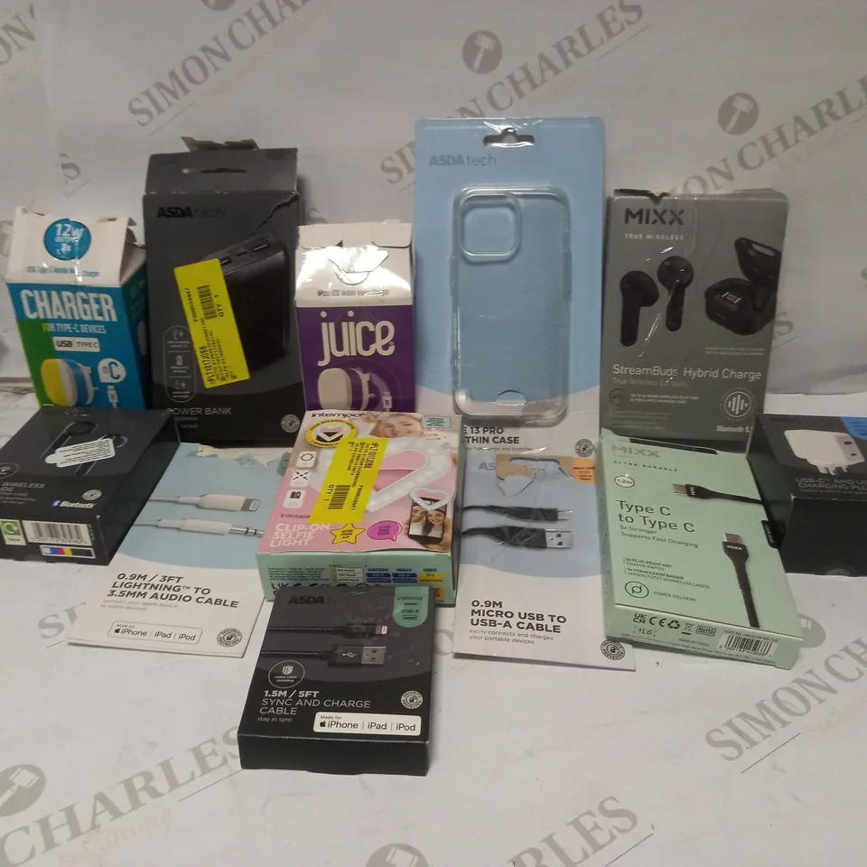 BOX TO CONTAIN APPROX. 20 ASSORTED ELECTRONIC & TECH PRODUCTS, INCLUDES CHARGING CABLES, EARPHONES, PHONE CASE ETC 