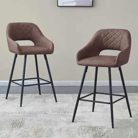 BOXED COWLES 67CM FAUX LEATHER UPHOLSTERED ARM BAR STOOL (SET OF 2) - BROWN (1 BOX)