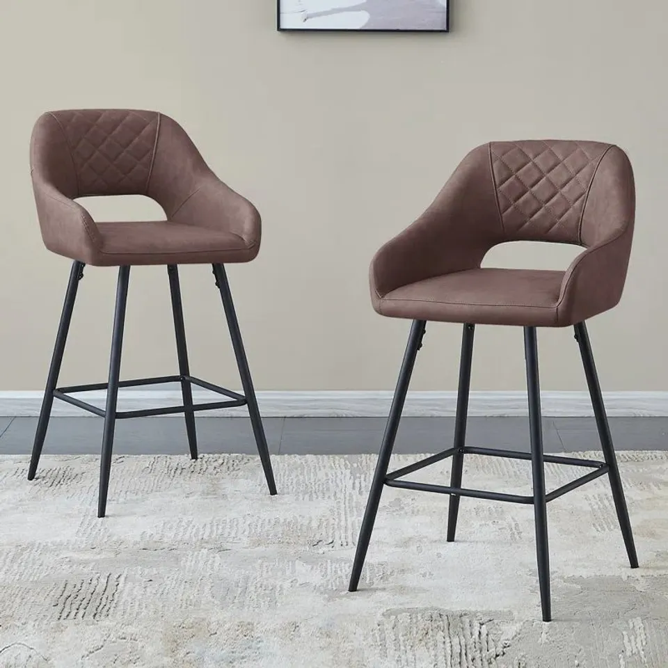 BOXED COWLES 67CM FAUX LEATHER UPHOLSTERED ARM BAR STOOL (SET OF 2) - BROWN (1 BOX)