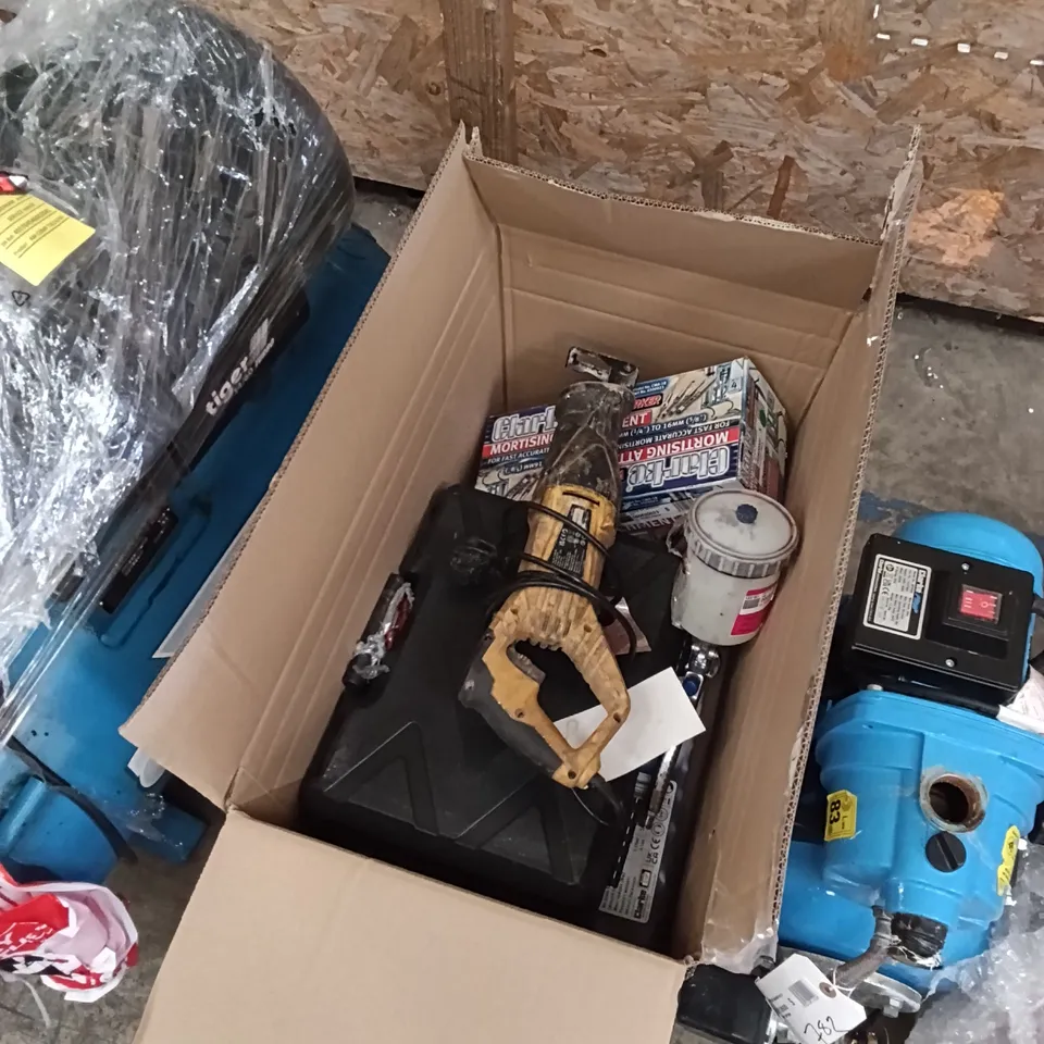 BOX OF ASSORTED TOOLS/DIY PRODUCTS, TO INCLUDE IMPACT WRENCH, RECIPROCATING SAW, WOODWORKING MORTISING ATTACHMENT ETC.