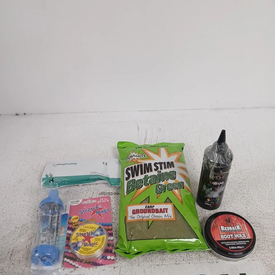 TOTE OF APPROXIMATELY 10 ASSORTED ITEMS INCLUDING REDBACK BOOT WAX, AMINO SMOKE THE BUG DNA BAITS AND KOI TECHNOLOGY DYNAMITE SWIM STIM BETAINE GREEN
