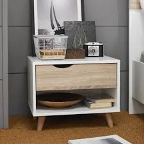 BOXED STOCKHOLM 1 DRAWER BEDSIDE CABINET - WHITE/SONOMA OAK (1 BOX)