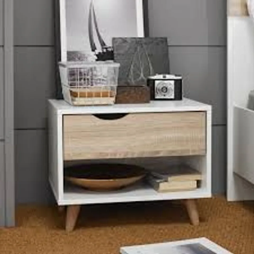 BOXED STOCKHOLM 1 DRAWER BEDSIDE CABINET - WHITE/SONOMA OAK (1 BOX)