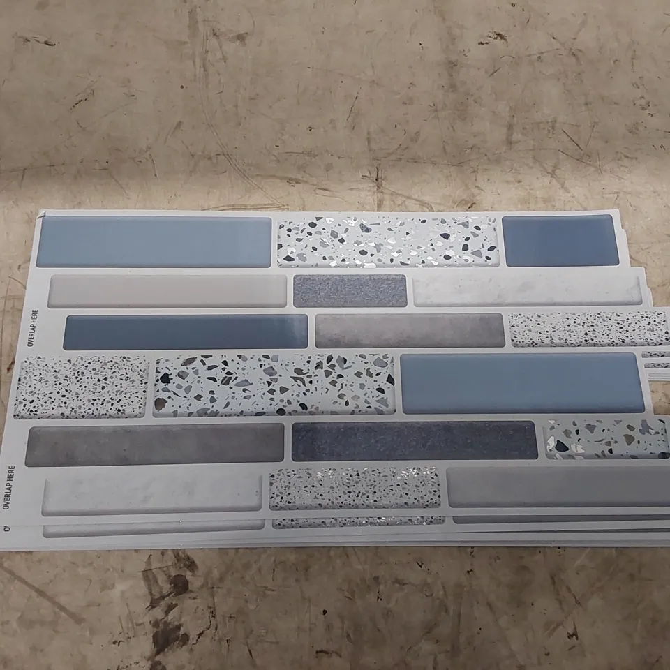 BOXED TERRAZZO 14CM W X 28.5CM SILVER TOUCH BLUE AND GREY MOSAIC WALL TILES // APPROXIMATELY 12 PIECES (1 BOX)