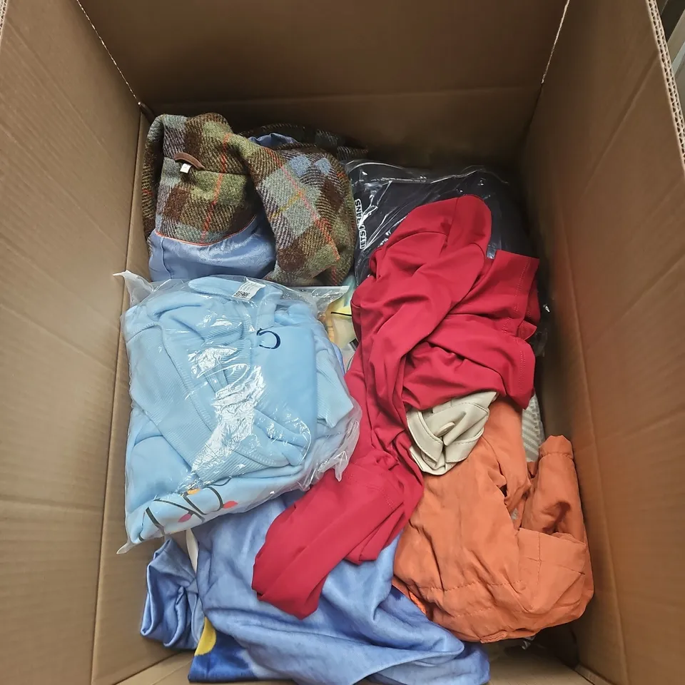 BOX OF APPROXIMATELY 20 ASSORTED CLOTHING ITEMS TO INCLUDE STRIPED SHIRT, CARTOON TOP, KNITTED CARDIGAN, BRAS ETC
