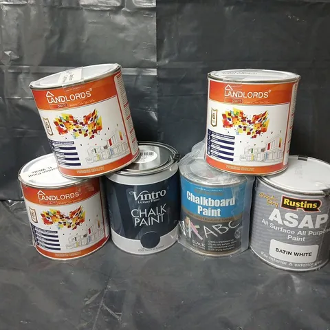 6 ASSORTED PAINTS TO INCLUDE LANDLORDS GARDEN PAINT LIGHT YELLOW (1L), ASAP SATIN WHITE PAINT (1L), VINTRO CHALK PAINT DARK BLUE (1L), ETC - COLLECTION ONLY
