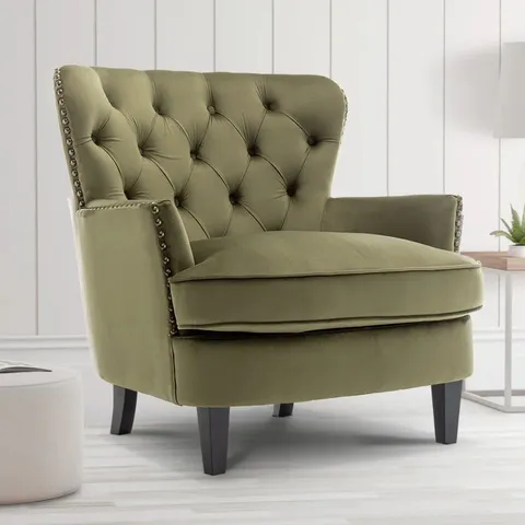 BOXED HIGGENBOTHAM VELVET WINGBACK ACCENT CHAIR WITH BUTTON - SAGE GREEN