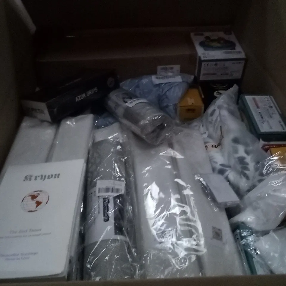 PALLET OF 6 BOXES CONTAINING ASSORTED ITEMS INCLUDING SHERLOCK HOLMES DVD, PLACEMATS, TABLET PROTECTIVE SCREEN, KIDS MUSICAL TOY, ULTRASONIC ESSENTIAL OIL DIFFUSER, BICYCLE HANDBAG GRIPS