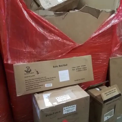 PALLET OF ASSORTED HOUSEHOLD GOODS AND PRODUCTS TO INCLUDE;PAPER SHREDDER,BABY BED RAIL,AIR COOLER