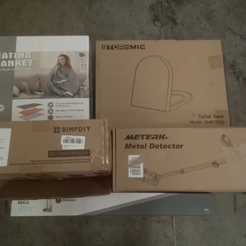 PALLET OF ASSORTED ITEMS INCLUDING STOREMIC TOILET SEAT, METERK METAL DETECTOR, HEATING BLANKET, SIMPDIY SHOE BOX, DOOR BRACE