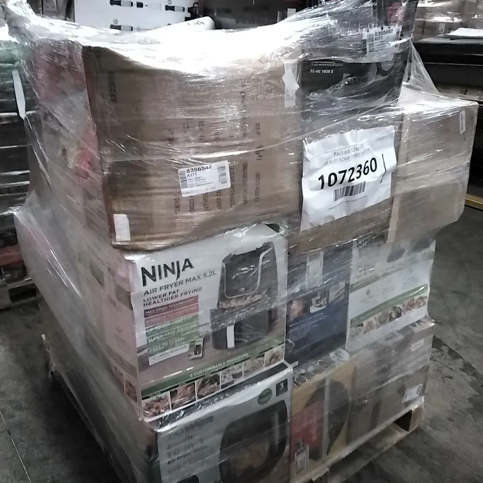PALLET OF APPROXIMATELY 24 UNPROCESSED RAW RETURN HOUSEHOLD AND ELECTRICAL GOODS TO INCLUDE; AIR FRYERS, HOOVERS, IRON, DEWALT 