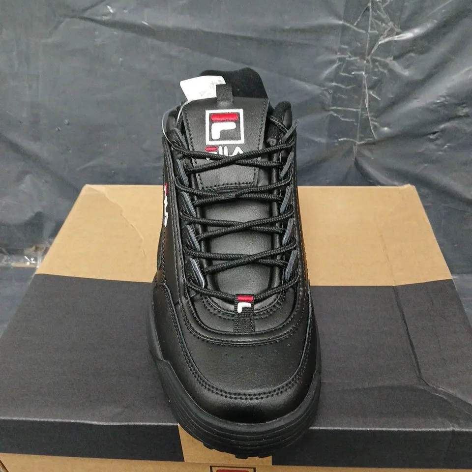 BOXED PAIR OF FILA DISRUPTOR PREMIUM TRAINERS IN BLACK - UK SIZE 9