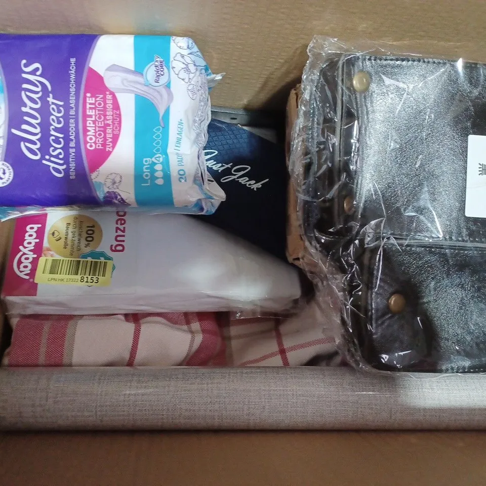 BOX OF APPROXIMATELY 10 ASSORTED HOUSEHOLD ITEMS TO INCLUDE ALWAYS DISCREET PADS, MAGIC ERASE-ALL SPONGE, FOOT-PUMP, ETC