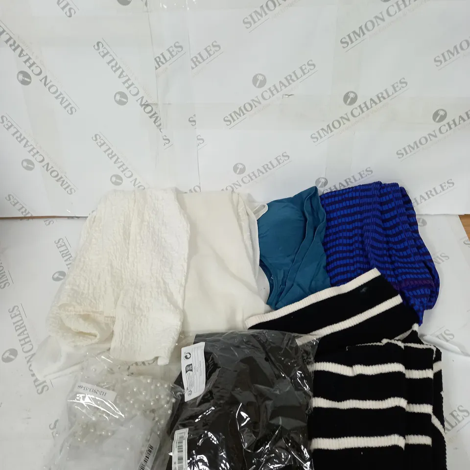 LARGE BOX OF ASSORTED CLOTHING ITEMS IN VARIOUS COLOURS AND SIZES INCLUDING TROUSERS , TOPS AND JUMPERS 