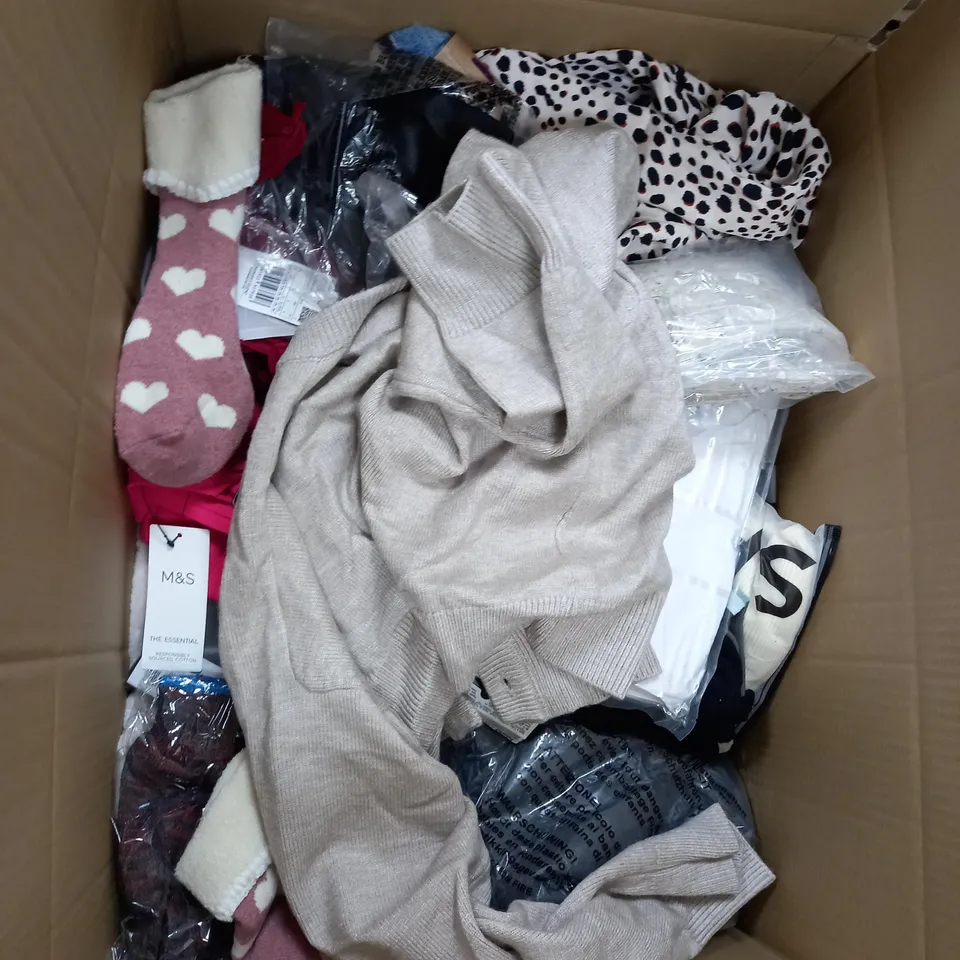 LARGE BOX OF ASSORTED CLOTHING ITEMS IN VARIOUS COLOURS AND SIZES INCLUDING TROUSERS , TOPS AND JUMPERS 