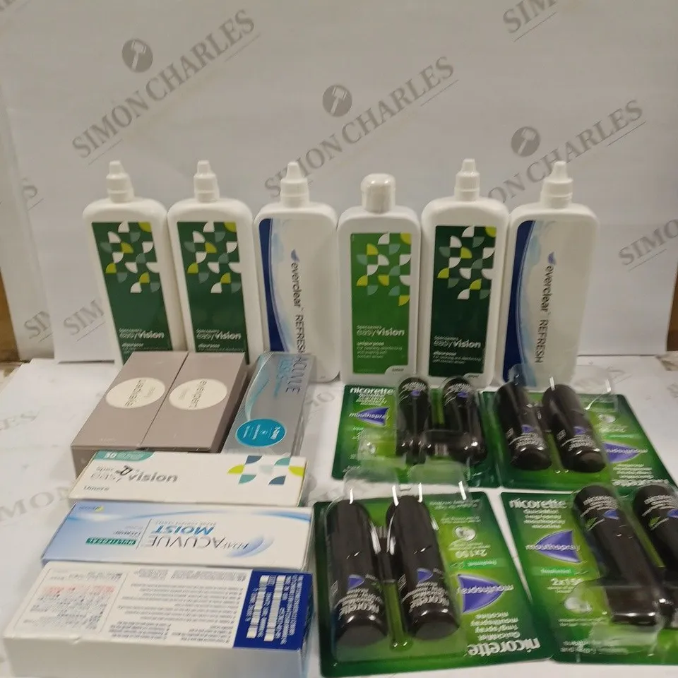BOX TO CONTAIN APPROX. 25 ASSORTED VISION CARE PRODUCTS & SMOKING PREVENTION PRODUCTS. INCLUDES CONTACT LENSES & CLEANING SOLUTION, NICORETTE SPRAY ETC. 