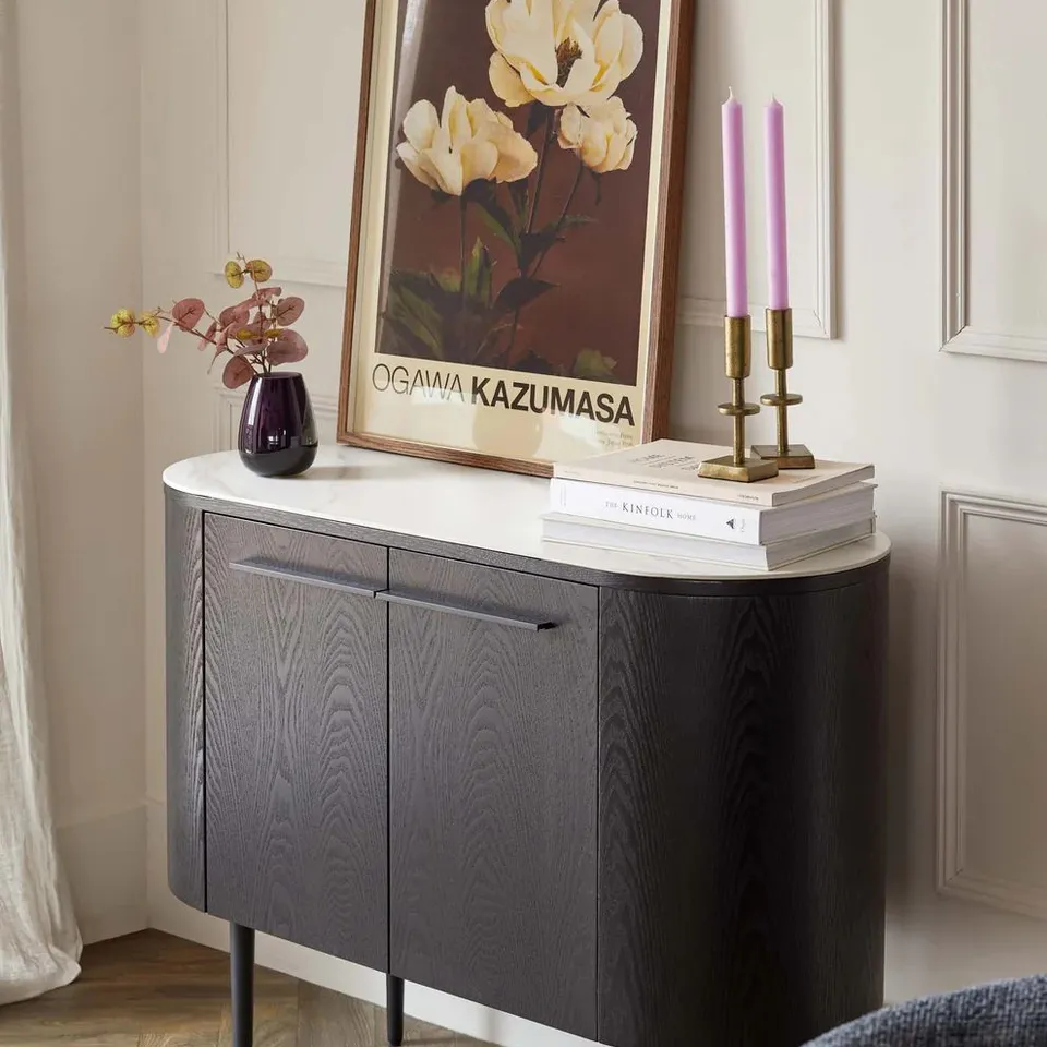 BOXED DANETTI MANHATTAN BLACK ASH AND MARBLE CERAMIC SMALL SIDEBOARD