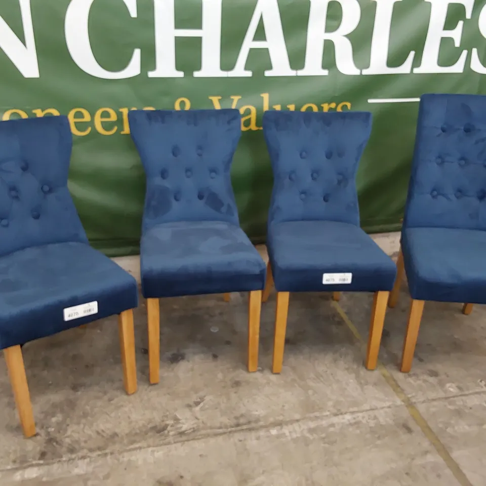 SET OF THREE & 1 SIMILAR UPHOLSTERED BUTTONED BACK DINING CHAIRS PLUSH BLUE FABRIC 