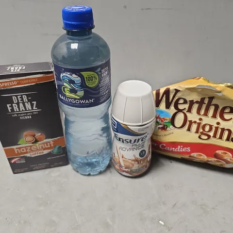 APPROXIMATELY 12 ASSORTED FOOD & DRINK ITEMS TO INCLUDE - DER FRANZ HAZELNUT COFFEE , WERTHERS ORIGINAL , BALLYGOWAN WATER ETC