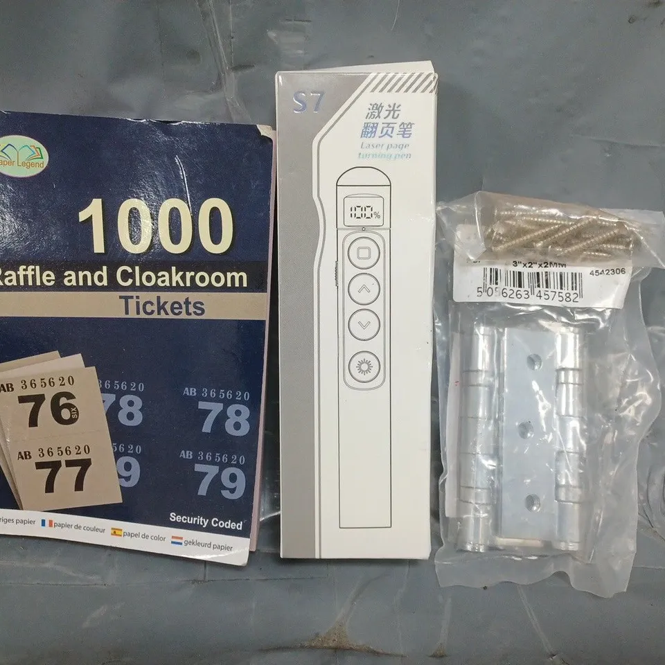 APPROXIMATELY 10 ASSORTED HOUSEHOLD ITEMS TO INCLUDE RAFFLE AND CLOAKROOM TICKETS, LASER PAGE TURNING PEN, ETC