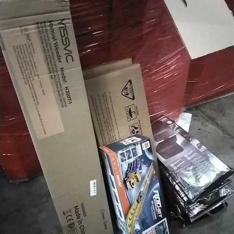 PALLET OF HOUSEHOLD ITEMS TO INCLUDE RUG,MANUAL WEEDER, BED RAIL GUARDS, ROCKET TRACK RACING, SEAT PROTECTORS AND OTHER ASSORTED ITEMS...