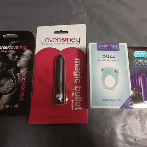 LOT OF 4 ASSORTED PERSONAL PLEASURE ITEMS TO INCLUDE VIBE BULLET AND STIMULATION RINGS