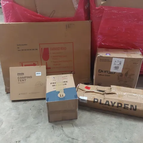 PALLET OF ASSORTED ITEMS TO INCLUDE: OFFICE CHAIR, WALL-MOUNTED MIRROR, PRESSURE WASHER, PLAYPEN, CAMPING TENTS ECT