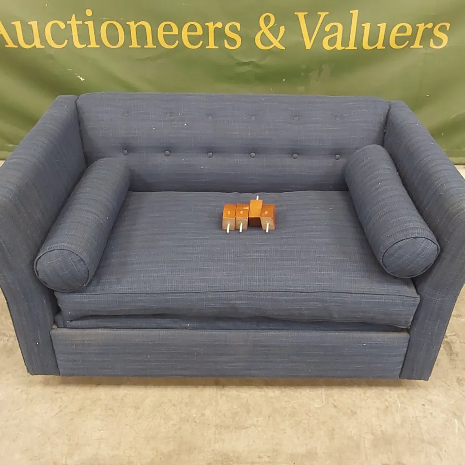 QUALITY DESIGNER 2 SEATER FABRIC UPHOLSTERED BLUE SOFA BED