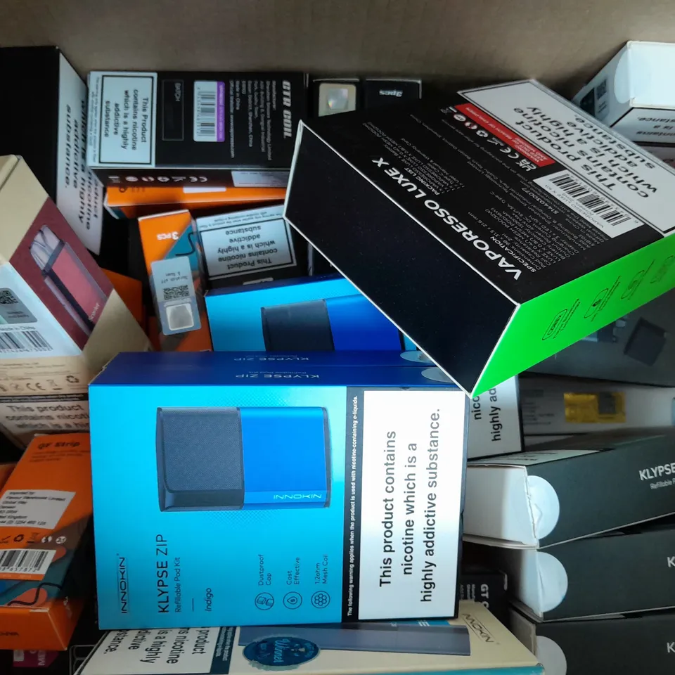 BOX OF APPROXIMATELY 20 ASSORTED E-CIGARETTE/VAPING PRODUCTS - MAKES, MODELS, COLOURS, AND STYLES VARY - COLLECTION ONLY