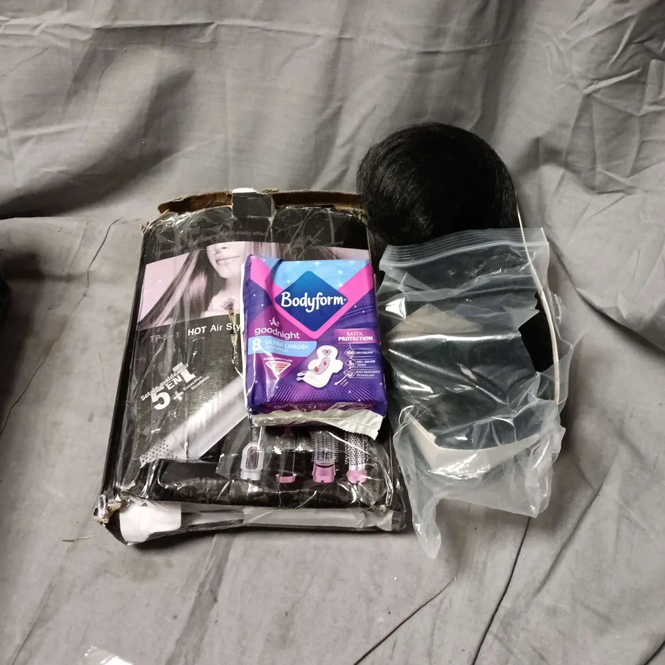 APPROXIMATELY 15 ASSORTED COSMETIC ITEMS TO INCLUDE WIGS, HOT AIR STYLER, BODYFORM ETC