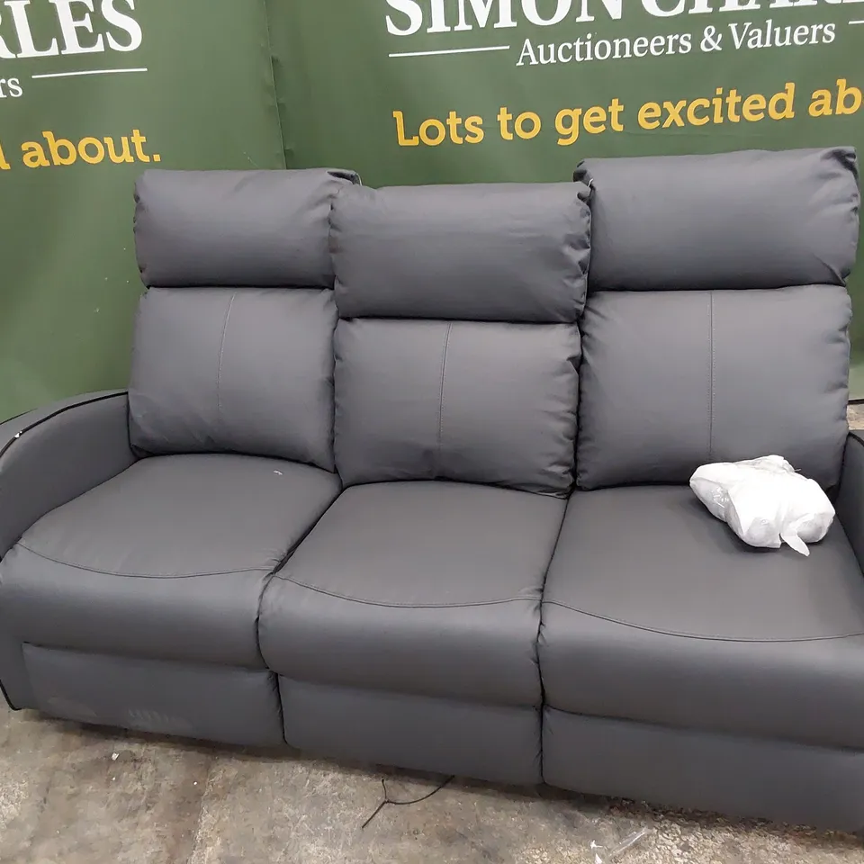 BOXED DESIGNER ASHBY GREY FAUX LEATHER MANUAL RECLINING THREE SEATER SOFA 