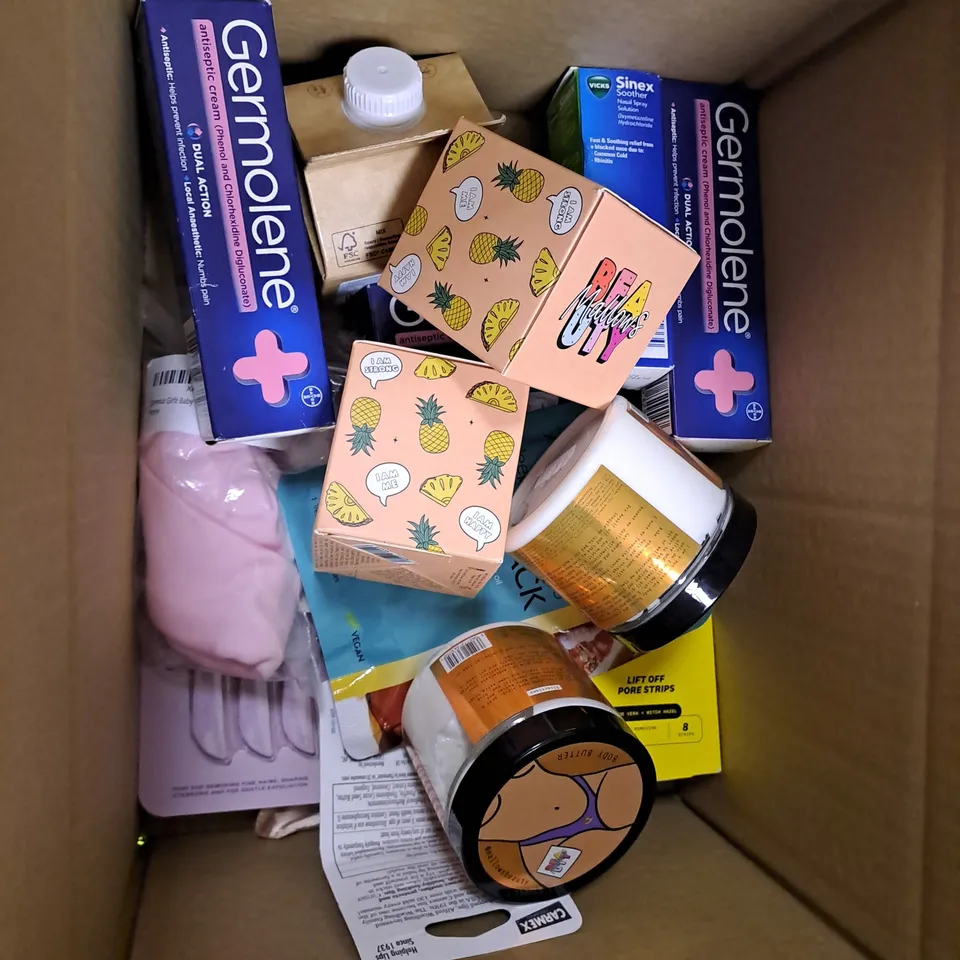 BOX OF APPROXIMATLY 20 ASSORTED ITEMS TO INCLUDE RAZORS, BODY CREAM, GERMOLENE